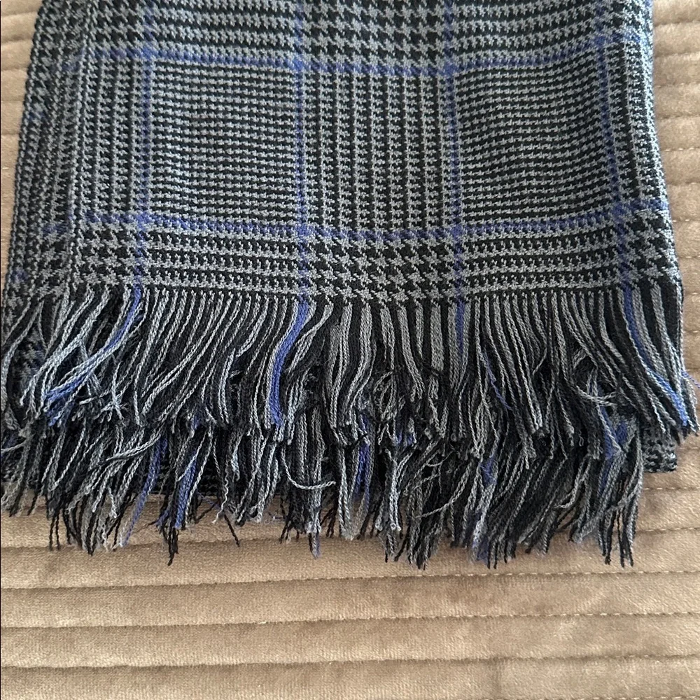 Polo Ralph Lauren Gray Blue Herringbone Plaid Fringed Wool Scarf